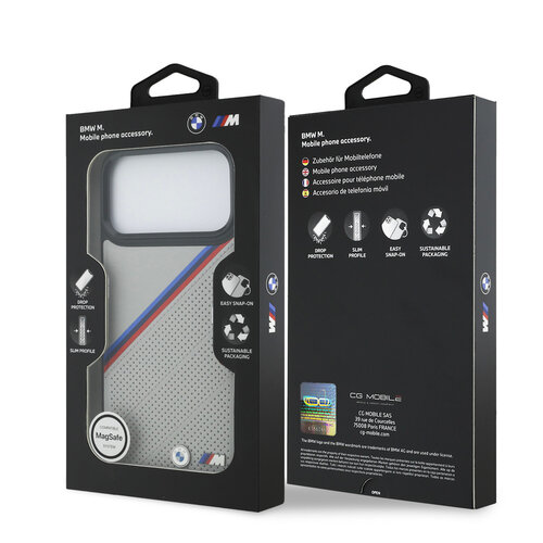 BMW BMW iPhone 17 Pro Max/iPhone 18 Pro Max Handyhülle MagSafe PU-Kunstleder schräge Trikolore-Streifen Metalllogos - Grau