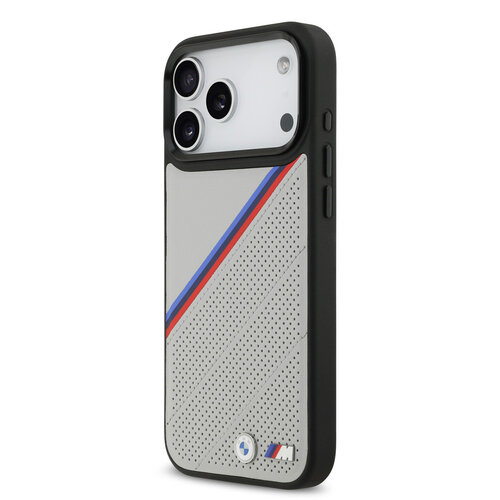 BMW BMW iPhone 17 Pro Max/iPhone 18 Pro Max Handyhülle MagSafe PU-Kunstleder schräge Trikolore-Streifen Metalllogos - Grau