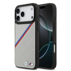 BMW iPhone 17 Pro Max Back cover case - MagSafe - PU Leather Case With Tricolor Slanted Stripes & Metal Logos - Grey
