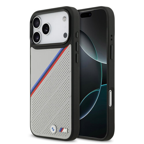 BMW BMW iPhone 17 Pro Max/iPhone 18 Pro Max Handyhülle MagSafe PU-Kunstleder schräge Trikolore-Streifen Metalllogos - Grau