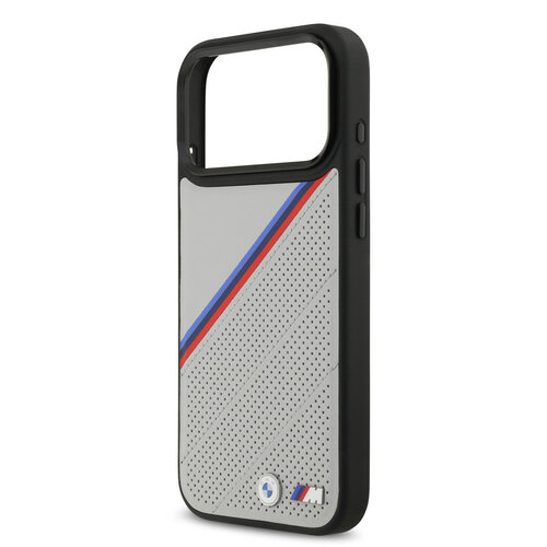 BMW BMW iPhone 17 Pro Max/iPhone 18 Pro Max Handyhülle MagSafe PU-Kunstleder schräge Trikolore-Streifen Metalllogos - Grau