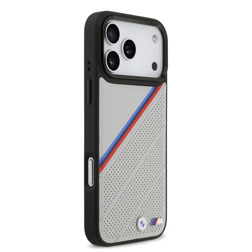 BMW BMW iPhone 17 Pro Max/iPhone 18 Pro Max Coque arrière MagSafe Similicuir PU bandes tricolores obliques logos métalliques - Gris