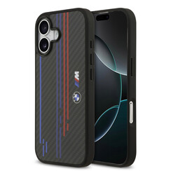 BMW iPhone 17 Back-Cover hul - MagSafe Kevlar Case With Printed Tricolor & Metal Logos - Schwarz