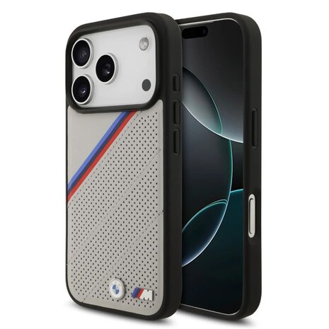 BMW BMW iPhone 17 Pro Max Back cover coque - MagSafe - PU Leather Case With Tricolor Slanted Stripes & Metal Logos - Gris BMW BMW iPhone 17 Pro Max Back cover coque - MagSafe - PU Leather Case With Tricolor Slanted Stripes & Metal Logos - Gris
