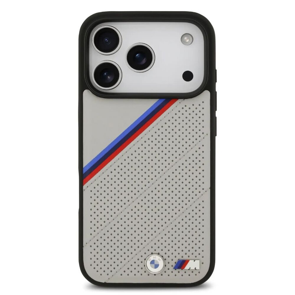 BMW BMW iPhone 17 Pro Backcover hoesje - MagSafe - PU Leather Case With Tricolor Slanted Stripes & Metal Logos - Grijs BMW BMW iPhone 17 Pro Backcover hoesje - MagSafe - PU Leather Case With Tricolor Slanted Stripes & Metal Logos - Grijs