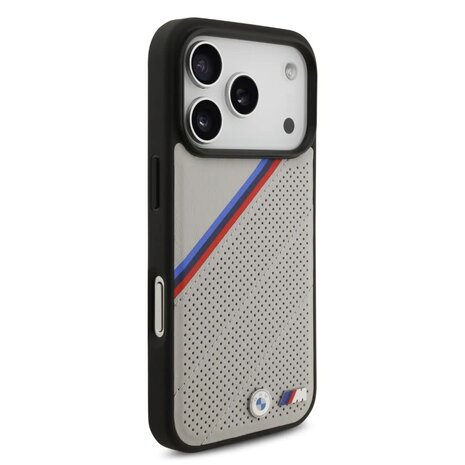 BMW BMW iPhone 17 Pro Backcover hoesje - MagSafe - PU Leather Case With Tricolor Slanted Stripes & Metal Logos - Grijs BMW BMW iPhone 17 Pro Backcover hoesje - MagSafe - PU Leather Case With Tricolor Slanted Stripes & Metal Logos - Grijs