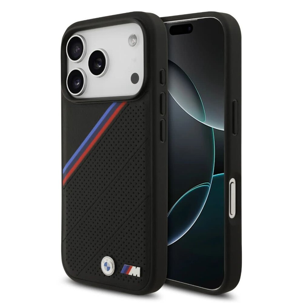 BMW BMW iPhone 17 Pro Max Back cover coque - MagSafe - PU Leather Case With Tricolor Slanted Stripes & Metal Logos - Noir BMW BMW iPhone 17 Pro Max Back cover coque - MagSafe - PU Leather Case With Tricolor Slanted Stripes & Metal Logos - Noir