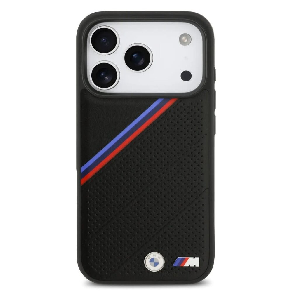 BMW BMW iPhone 17 Pro Back cover coque - MagSafe - PU Leather Case With Tricolor Slanted Stripes & Metal Logos - Noir BMW BMW iPhone 17 Pro Back cover coque - MagSafe - PU Leather Case With Tricolor Slanted Stripes & Metal Logos - Noir