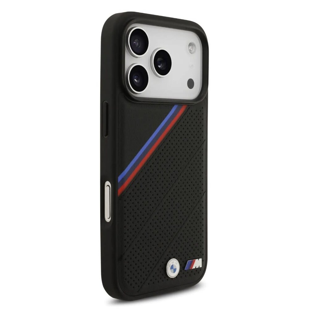 BMW BMW iPhone 17 Pro Back cover coque - MagSafe - PU Leather Case With Tricolor Slanted Stripes & Metal Logos - Noir BMW BMW iPhone 17 Pro Back cover coque - MagSafe - PU Leather Case With Tricolor Slanted Stripes & Metal Logos - Noir