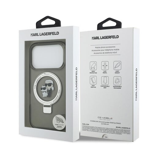Karl Lagerfeld Karl Lagerfeld iPhone 17 Pro/iPhone 18 Pro Coque arrière MagSafe support anneau Karl & Choupette - Noir