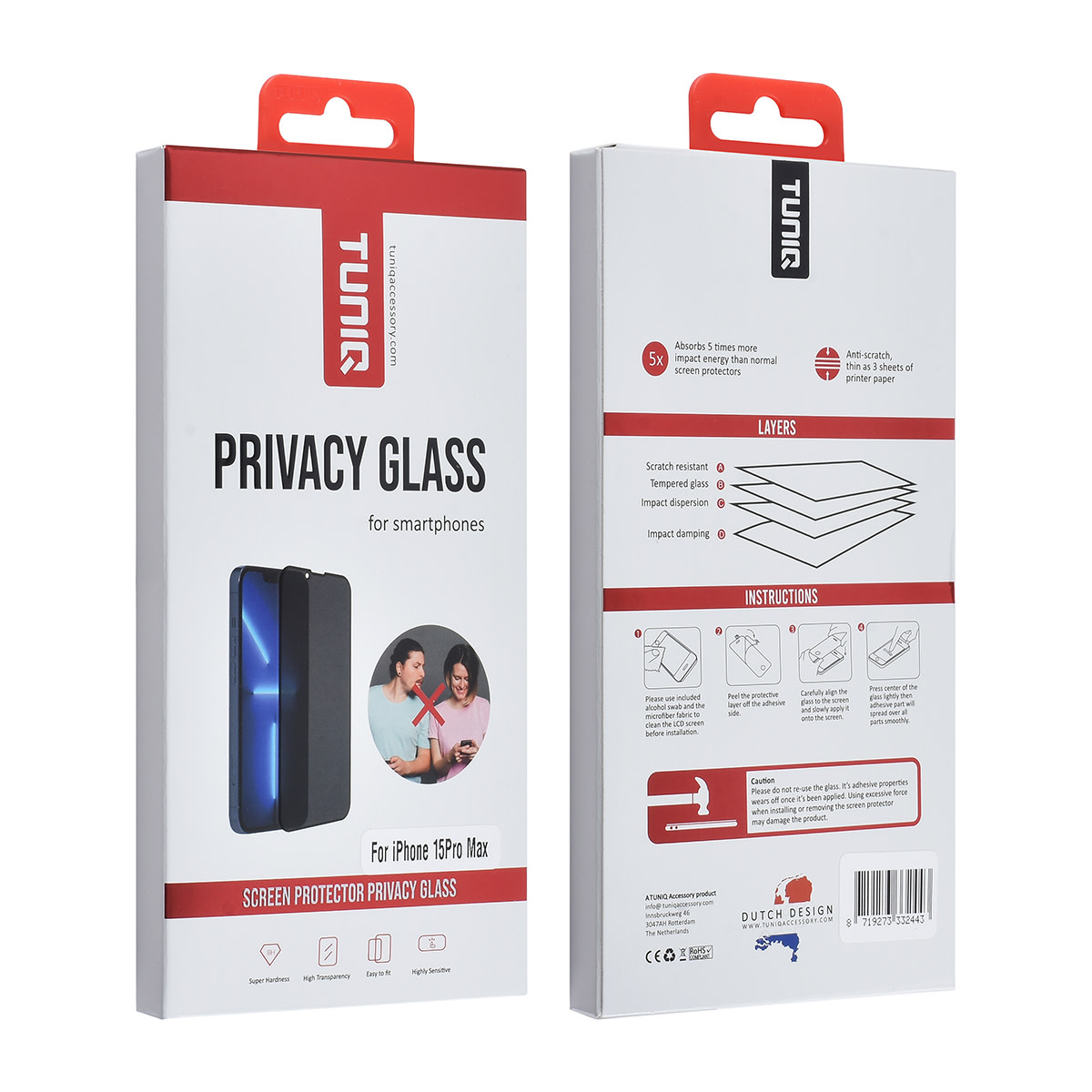 TUNIQ box of 10 - TUNIQ iPhone 15 Pro Max Screenprotector - Privacy Glass - Zwart, foto 2 van 2