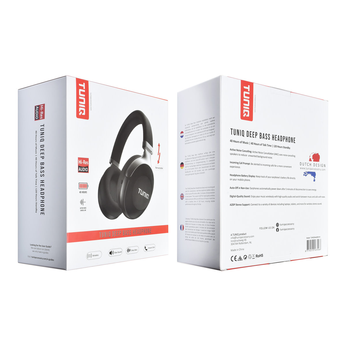 TUNIQ TUNIQ Deep Bass Wireless Headphone - ANC - Zwart, foto 3 van 3