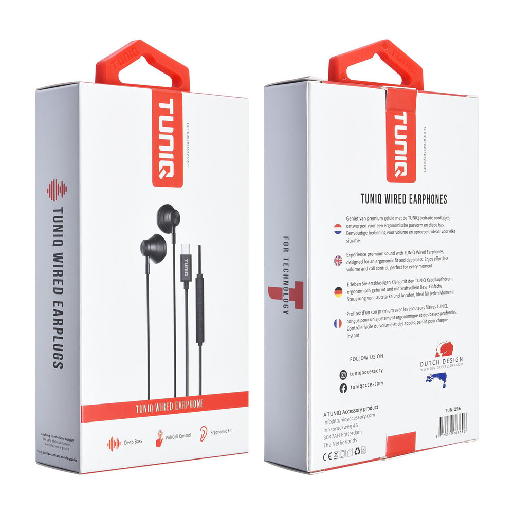 TUNIQ TUNIQ Half-In-Ear Wired Earphones - Type C plug - Zwart TUNIQ TUNIQ Half-In-Ear Wired Earphones - Type C plug - Zwart