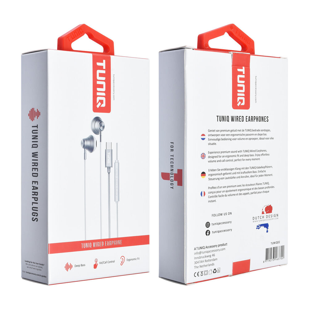 TUNIQ TUNIQ Half-In-Ear Wired Earphones - Type C plug - Zilver TUNIQ TUNIQ Half-In-Ear Wired Earphones - Type C plug - Zilver