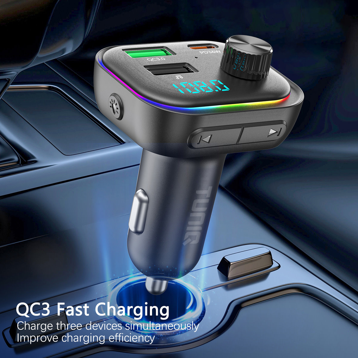 TUNIQ TUNIQ FM Transmitter and Car Charger - LGB - Zwart, foto 3 van 6