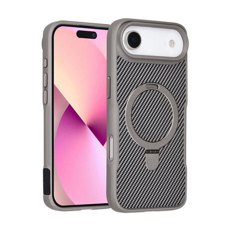 TUNIQ TUNIQ iPhone 17 Air Backcover hoesje - Magsafe With Ring Stand - Carbon Fiber - Zilver TUNIQ TUNIQ iPhone 17 Air Backcover hoesje - Magsafe With Ring Stand - Carbon Fiber - Zilver