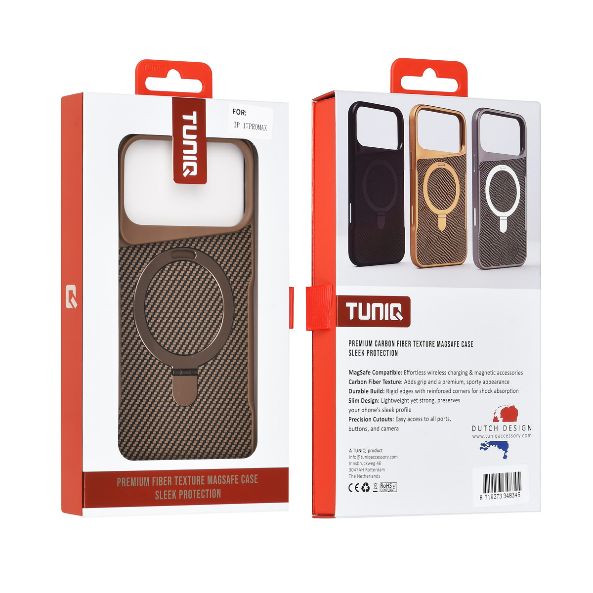 TUNIQ TUNIQ iPhone 17 Pro Max Backcover hoesje - Magsafe With Ring Stand - Carbon Fiber - Goud, foto 3 van 3