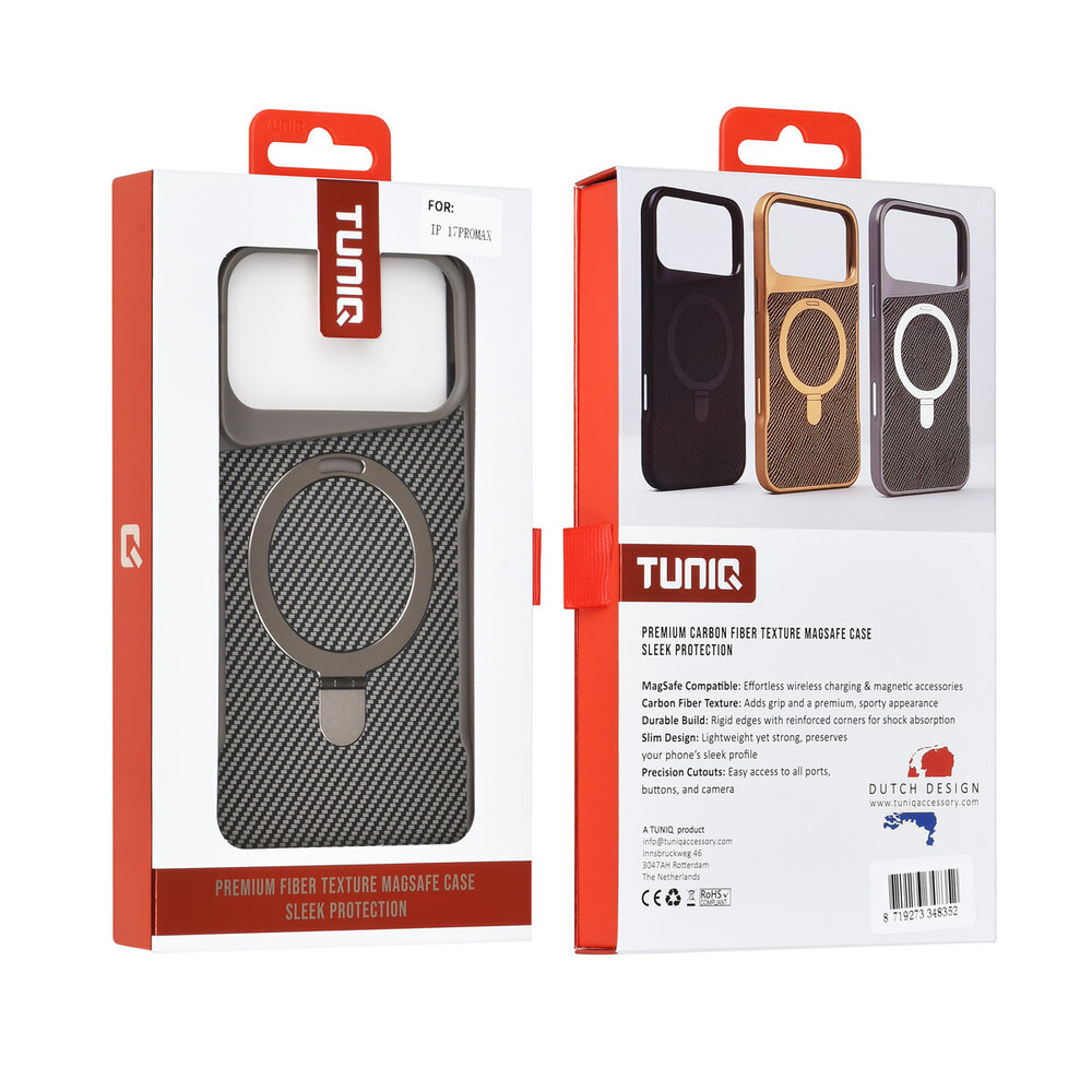 TUNIQ TUNIQ iPhone 17 Pro Max Back cover coque - Magsafe With Ring Stand - Carbon Fiber - Argent TUNIQ TUNIQ iPhone 17 Pro Max Back cover coque - Magsafe With Ring Stand - Carbon Fiber - Argent