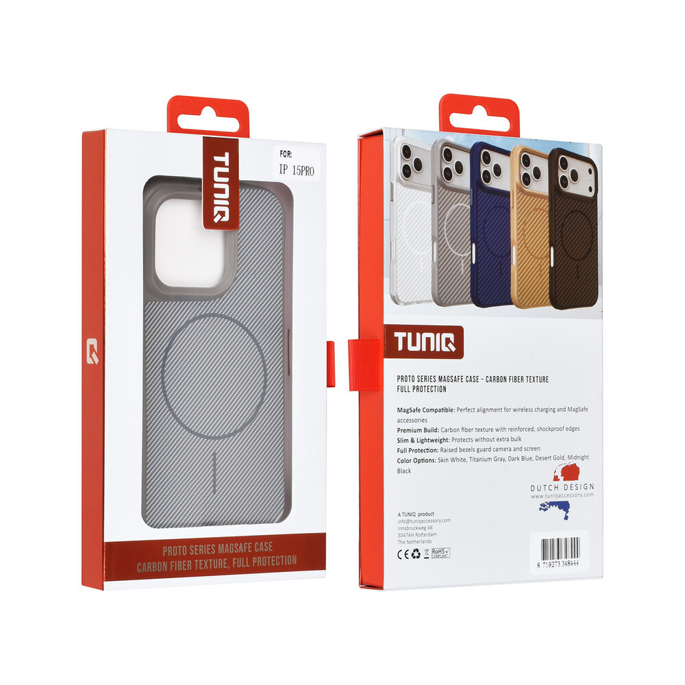 TUNIQ TUNIQ iPhone 15 Pro Back cover case - Magsafe - Carbon Fiber - Shockproof - Grey TUNIQ TUNIQ iPhone 15 Pro Back cover case - Magsafe - Carbon Fiber - Shockproof - Grey