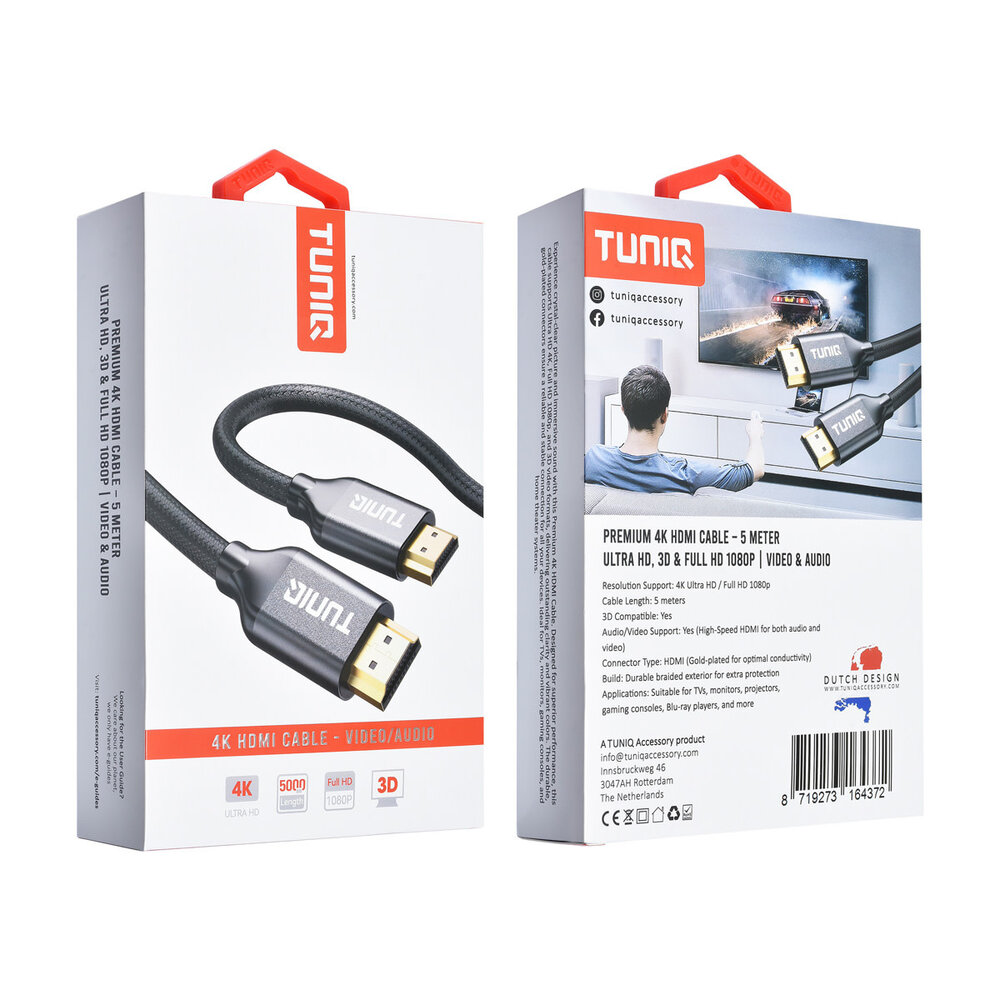 TUNIQ TUNIQ Premium 4K HDMI Cable - 500cm - Zwart TUNIQ TUNIQ Premium 4K HDMI Cable - 500cm - Zwart