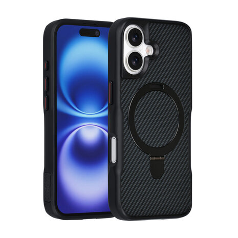 TUNIQ TUNIQ iPhone 16 Backcover hoesje - Magsafe With Ring Stand - Carbon Fiber - Zwart TUNIQ TUNIQ iPhone 16 Backcover hoesje - Magsafe With Ring Stand - Carbon Fiber - Zwart