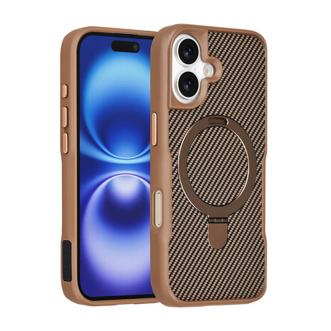 TUNIQ TUNIQ iPhone 16 Backcover hoesje - Magsafe With Ring Stand - Carbon Fiber - Goud TUNIQ TUNIQ iPhone 16 Backcover hoesje - Magsafe With Ring Stand - Carbon Fiber - Goud