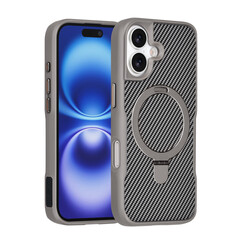 TUNIQ iPhone 16 Back-Cover hul - Magsafe With Ring Stand - Carbon Fiber - Silber