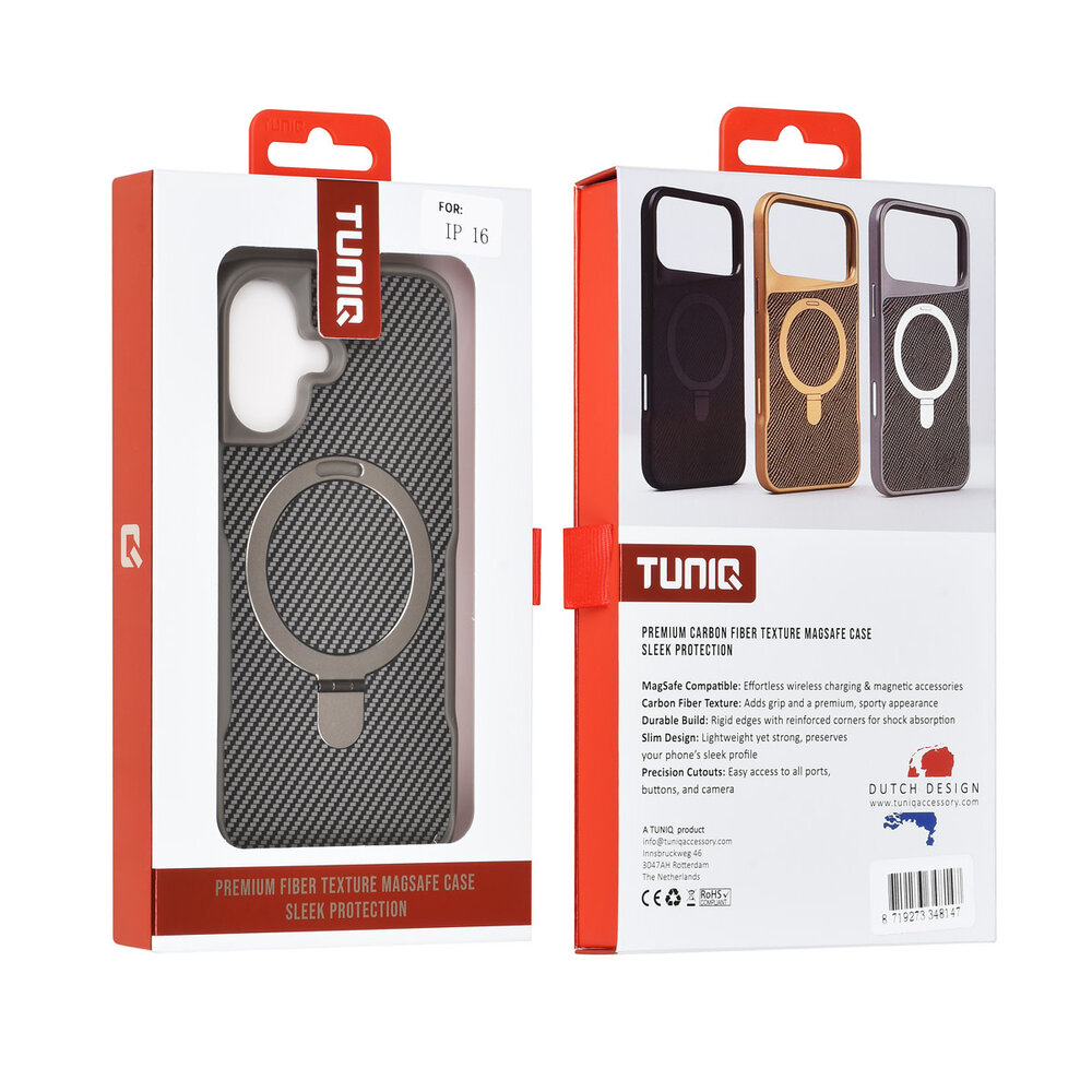 TUNIQ TUNIQ iPhone 16 Back cover case - Magsafe With Ring Stand - Carbon Fiber - Silver TUNIQ TUNIQ iPhone 16 Back cover case - Magsafe With Ring Stand - Carbon Fiber - Silver