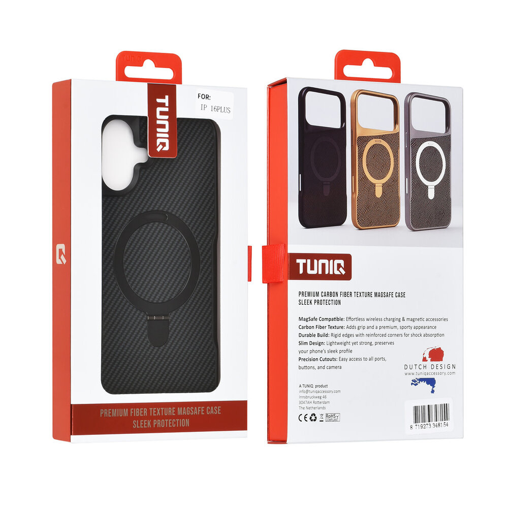TUNIQ TUNIQ iPhone 16 Plus Back cover case - Magsafe With Ring Stand - Carbon Fiber - Black TUNIQ TUNIQ iPhone 16 Plus Back cover case - Magsafe With Ring Stand - Carbon Fiber - Black