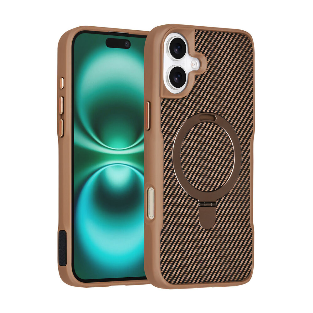 TUNIQ TUNIQ iPhone 16 Plus Backcover hoesje - Magsafe With Ring Stand - Carbon Fiber - Goud