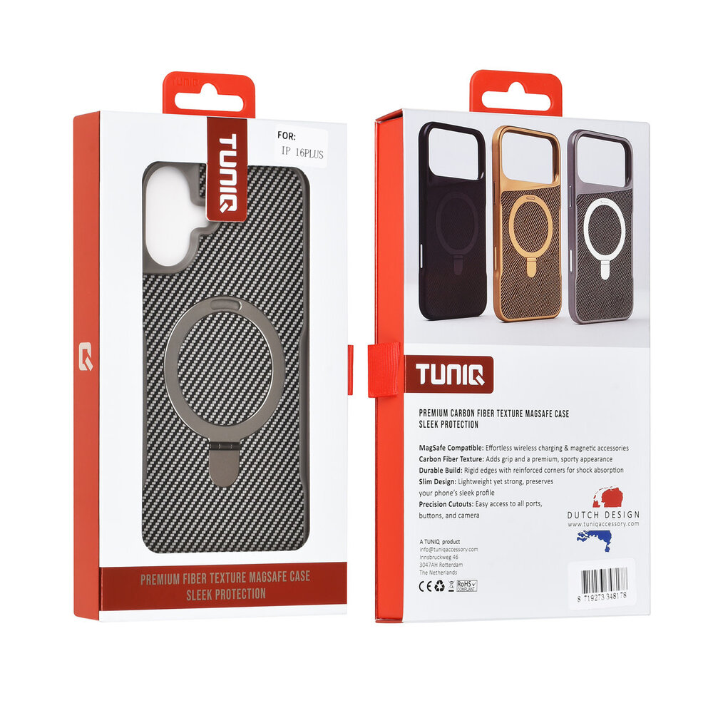 TUNIQ TUNIQ iPhone 16 Plus Backcover hoesje - Magsafe With Ring Stand - Carbon Fiber - Zilver
