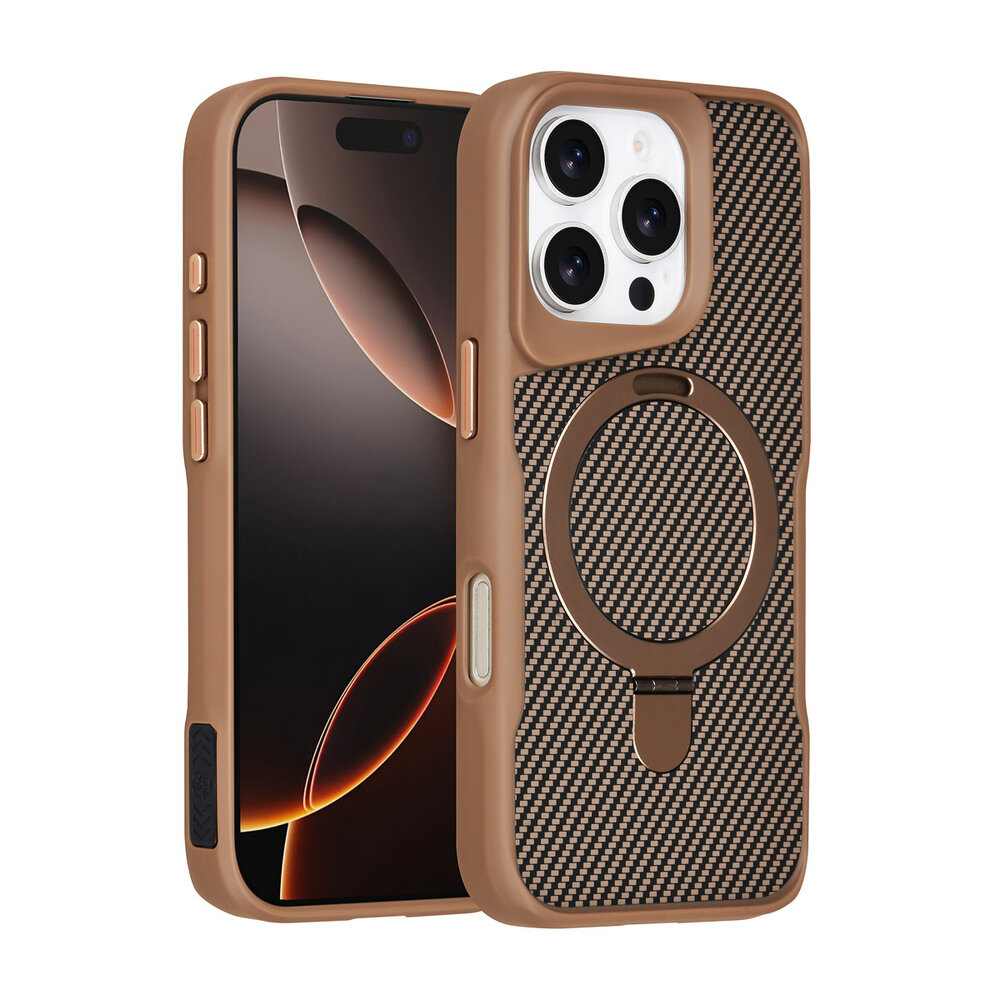 TUNIQ TUNIQ iPhone 16 Pro Back-Cover hul - Magsafe With Ring Stand - Carbon Fiber - Gold TUNIQ TUNIQ iPhone 16 Pro Back-Cover hul - Magsafe With Ring Stand - Carbon Fiber - Gold