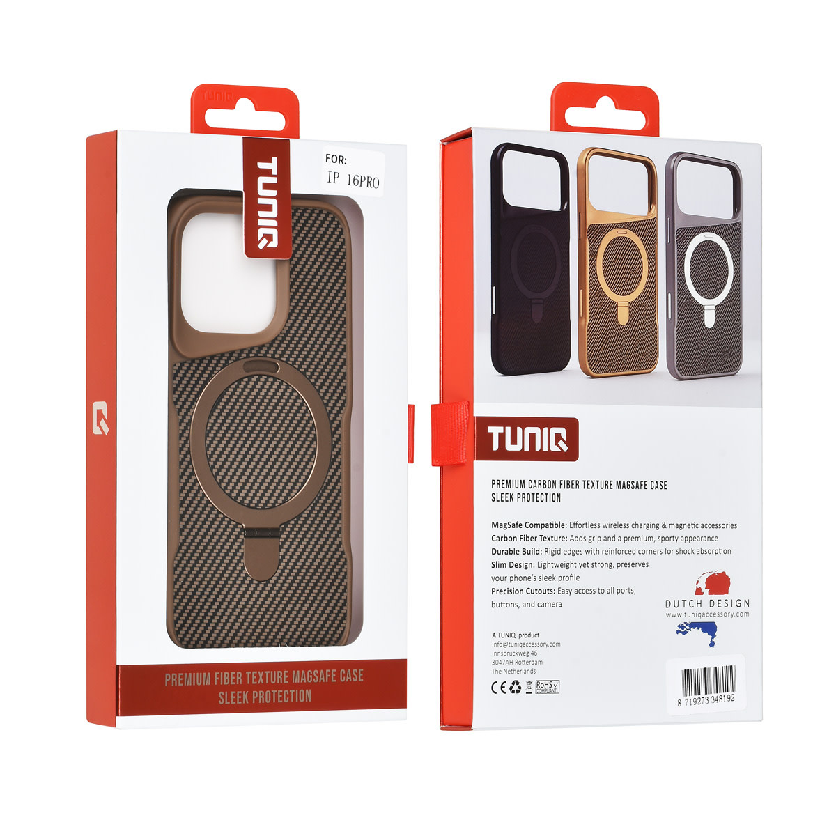 TUNIQ TUNIQ iPhone 16 Pro Backcover hoesje - Magsafe With Ring Stand - Carbon Fiber - Goud, foto 3 van 3