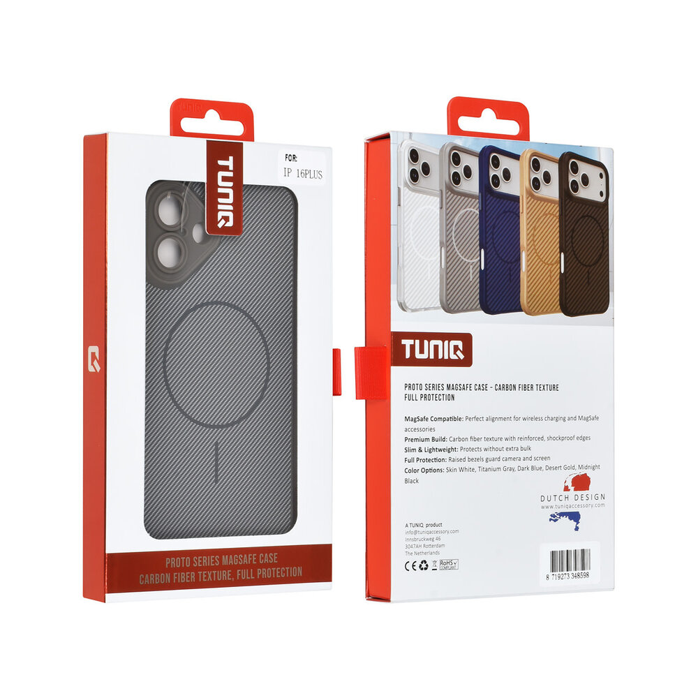 TUNIQ TUNIQ iPhone 16 Plus Back-Cover hul - Magsafe - Carbon Fiber - Shockproof - Grau TUNIQ TUNIQ iPhone 16 Plus Back-Cover hul - Magsafe - Carbon Fiber - Shockproof - Grau