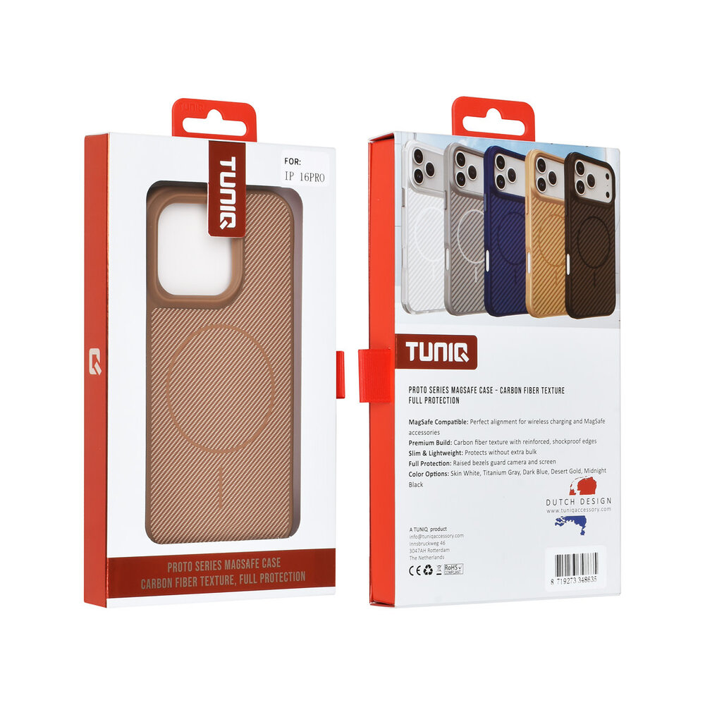 TUNIQ TUNIQ iPhone 16 Pro Backcover hoesje - Magsafe - Carbon Fiber - Shockproof - Goud TUNIQ TUNIQ iPhone 16 Pro Backcover hoesje - Magsafe - Carbon Fiber - Shockproof - Goud