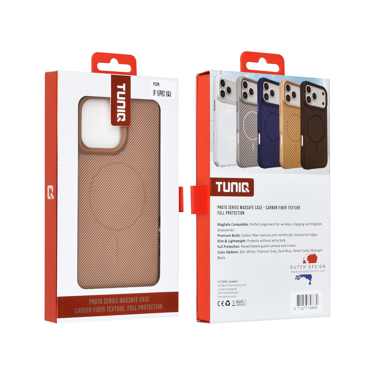 TUNIQ TUNIQ iPhone 16 Pro Max Backcover hoesje - Magsafe - Carbon Fiber - Shockproof - Goud, foto 3 van 3