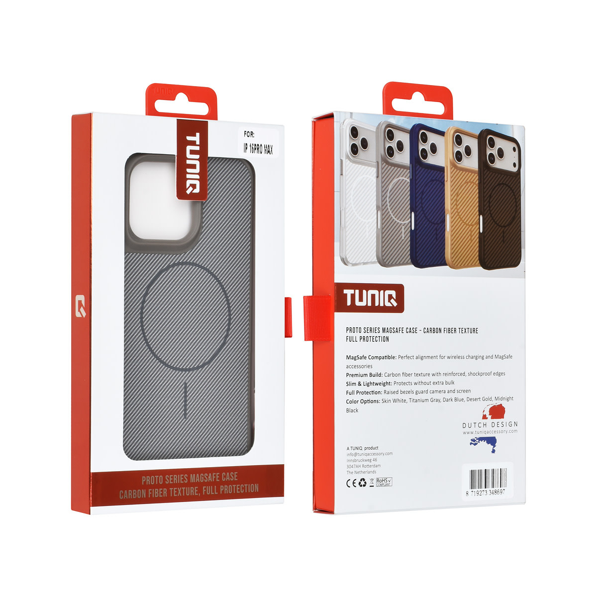 TUNIQ TUNIQ iPhone 16 Pro Max Backcover hoesje - Magsafe - Carbon Fiber - Shockproof - Grijs, foto 3 van 3