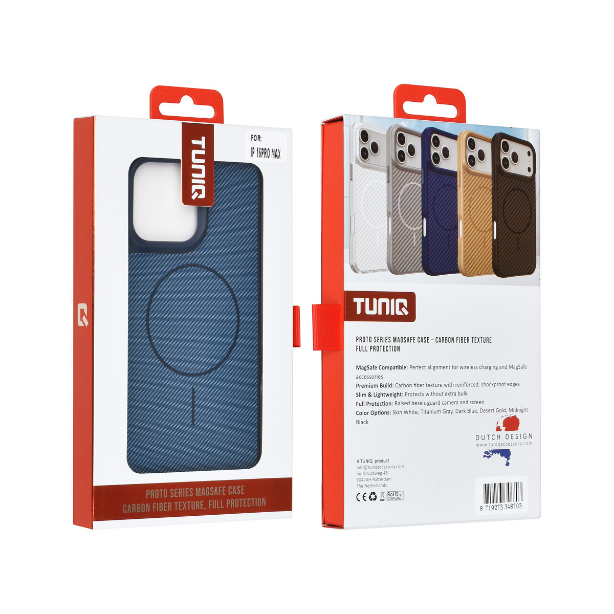 TUNIQ TUNIQ iPhone 16 Pro Max Backcover hoesje - Magsafe - Carbon Fiber - Shockproof - Blauw, foto 3 van 3
