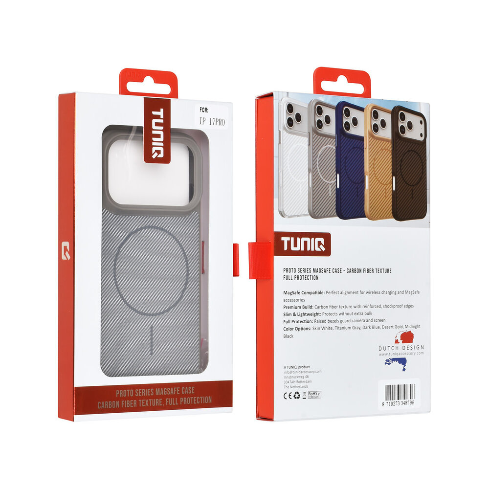 TUNIQ TUNIQ iPhone 17 Pro Back-Cover hul - Magsafe - Carbon Fiber - Shockproof - Grau TUNIQ TUNIQ iPhone 17 Pro Back-Cover hul - Magsafe - Carbon Fiber - Shockproof - Grau