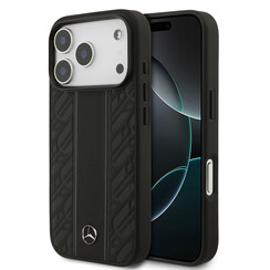 Mercedes-Benz iPhone 17 Pro/iPhone 18 Pro Backcoverhoesje - Echt leer - MagSafe - Laurierbladeren en strepen - Zwart