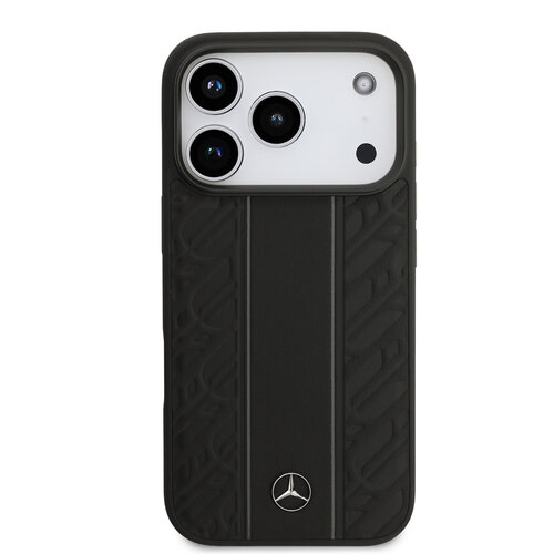 Mercedes-Benz Mercedes-Benz iPhone 17 Pro/iPhone 18 Pro Coque arrière Cuir véritable MagSafe Feuilles de laurier et rayures - Noir