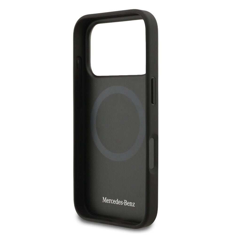 Mercedes-Benz Mercedes-Benz iPhone 17 Pro Backcover hoesje - Genuine Leather - Magsafe - Laurel Leaves and Stripes - Zwart Mercedes-Benz Mercedes-Benz iPhone 17 Pro Backcover hoesje - Genuine Leather - Magsafe - Laurel Leaves and Stripes - Zwart