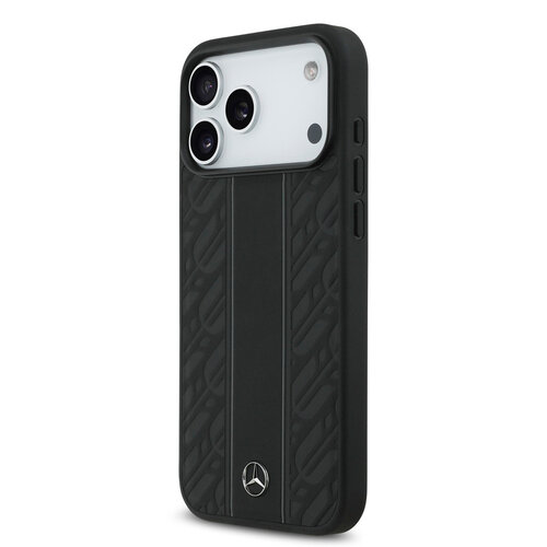 Mercedes-Benz Mercedes-Benz iPhone 17 Pro Max/iPhone 18 Pro Max Coque arrière Cuir véritable MagSafe Feuilles de laurier et rayures - Noir