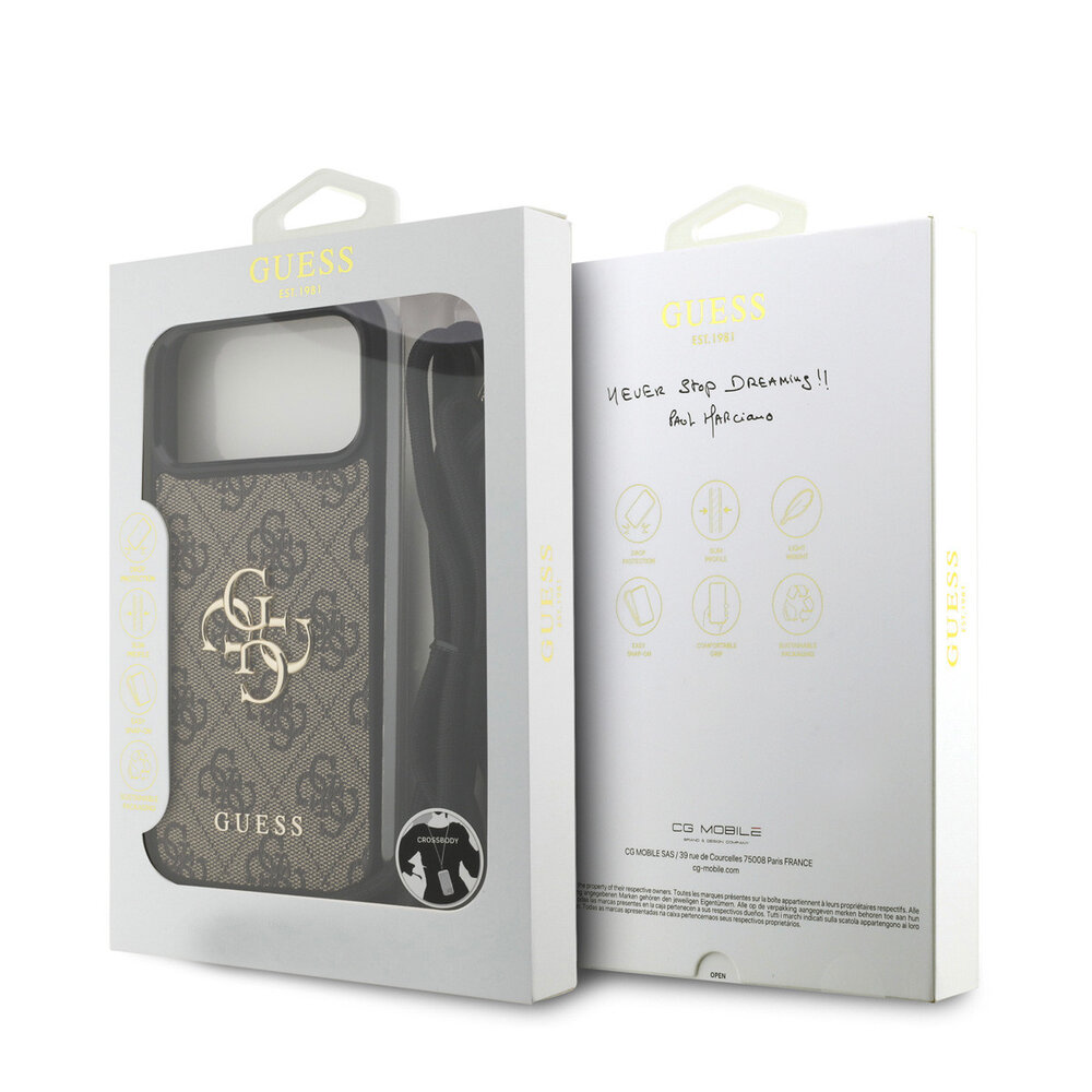 Guess Guess iPhone 17 Pro Max Back cover coque - Crossbody 4G Big Logo - Cord Strap - Marron Guess Guess iPhone 17 Pro Max Back cover coque - Crossbody 4G Big Logo - Cord Strap - Marron