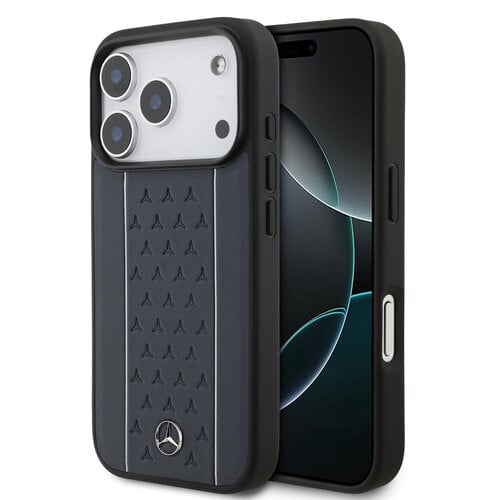 Mercedes-Benz Mercedes-Benz iPhone 17 Pro/iPhone 18 Pro Coque arrière Cuir véritable MagSafe Motif étoilé et rayures blanches - Bleu marine