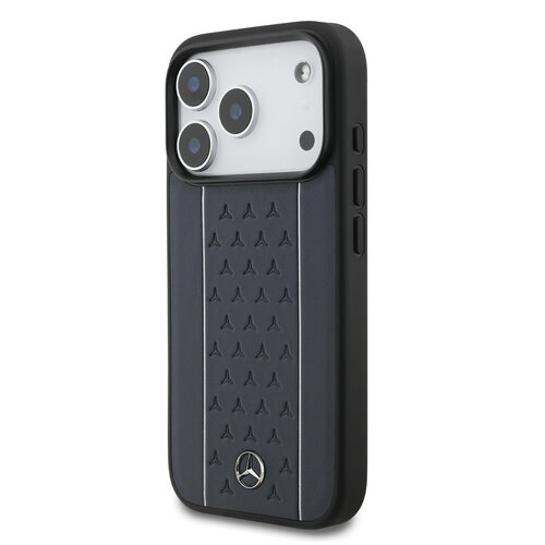 Mercedes-Benz Mercedes-Benz iPhone 17 Pro/iPhone 18 Pro Coque arrière Cuir véritable MagSafe Motif étoilé et rayures blanches - Bleu marine