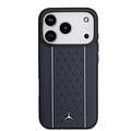 Mercedes-Benz Mercedes-Benz iPhone 17 Pro/iPhone 18 Pro Coque arrière Cuir véritable MagSafe Motif étoilé et rayures blanches - Bleu marine