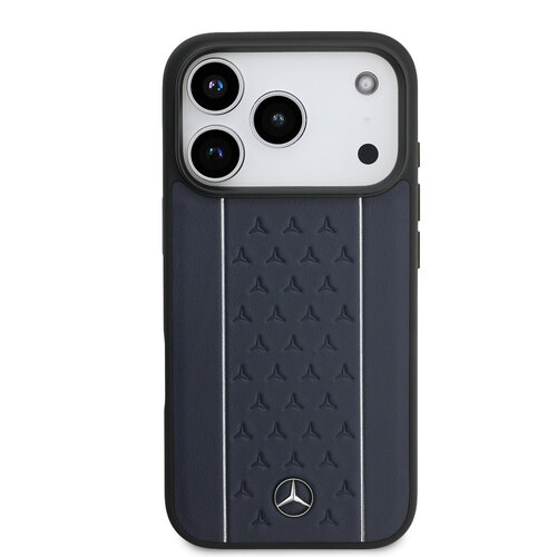 Mercedes-Benz Mercedes-Benz iPhone 17 Pro/iPhone 18 Pro Coque arrière Cuir véritable MagSafe Motif étoilé et rayures blanches - Bleu marine