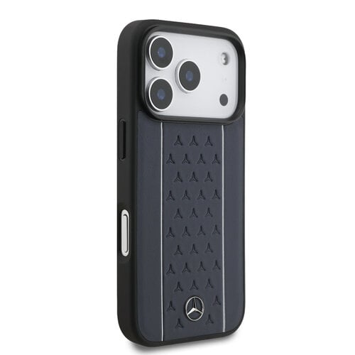 Mercedes-Benz Mercedes-Benz iPhone 17 Pro/iPhone 18 Pro Coque arrière Cuir véritable MagSafe Motif étoilé et rayures blanches - Bleu marine