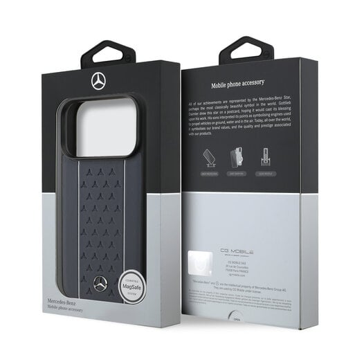 Mercedes-Benz Mercedes-Benz iPhone 17 Pro/iPhone 18 Pro Coque arrière Cuir véritable MagSafe Motif étoilé et rayures blanches - Bleu marine